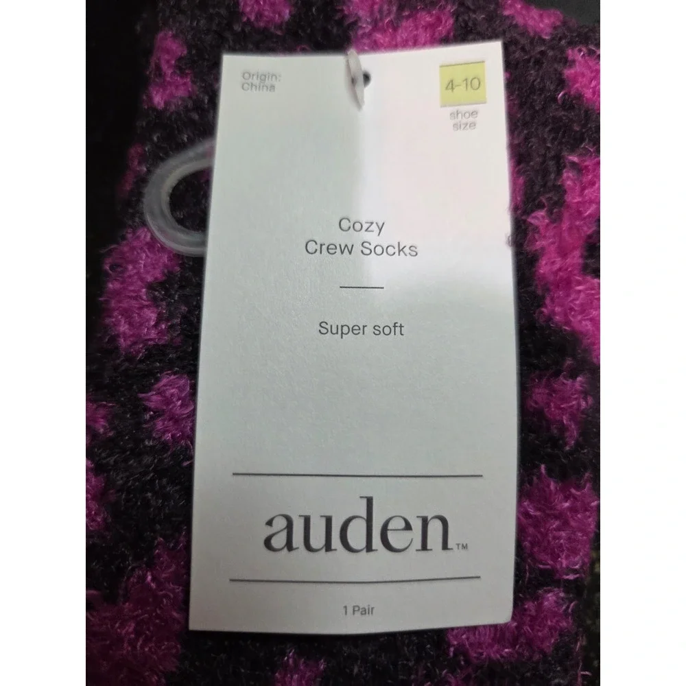 Auden Purple Pink Leopard Print Cozy Crew Socks Super Soft Fuzzy NWT Size 4-10